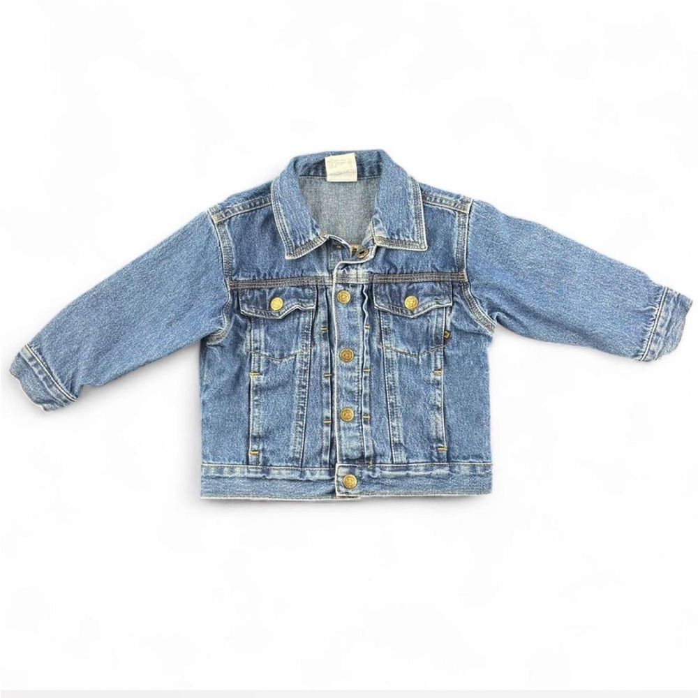 Blue denim baby jean jacket with brass snap buttons size 24 months
